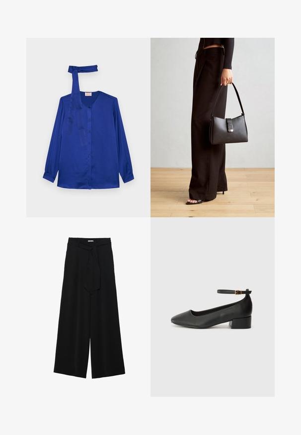 Langermet bluse i kongeblå sateng, med rund halslinning, frontlukking med knapper og en matchende knyting ved halsen.; Svart vide bukser med teksturert stoff, elastisk midje og avtagbart belte som gir justerbar passform.; Sorte skinnpumper med spiss tå og lav blokkhelt. Har ankelrem med gullfarget spenne. Glatt tekstur.; Svart håndveske med strukturert form, jevn tekstur og metallisk lås. Kombinert med brede svarte bukser og sandaler med åpen tå på tregulv.