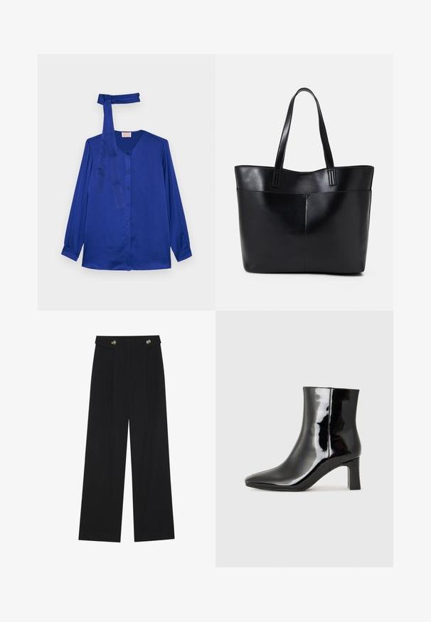 Halenka s dlhým rukávom v kráľovskej modrej saténe, s okrúhlym výstrihom, predným zapínaním na gombíky a zodpovedajúcou stuhou na krku.; Čierne široké nohavice s vysokým pásom, so zapínaním na gombíky na páse a prednými sklady.; Čierne lakované členkové topánky s špicatou špičkou a stredne vysokým blokovým podpätkom. Hladká textúra a minimalistický dizajn.; Čierna kožená tote taška s dvoma dlhými rúčkami, hladkým povrchom a štruktúrovaným tvarom. Obsahuje prednú kapsu pre dodatočné uskladnenie.