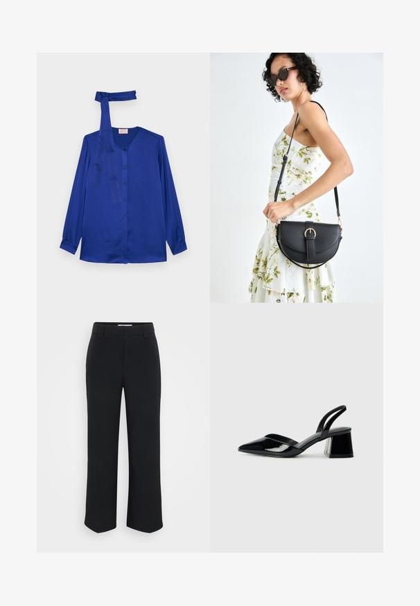 Bluză cu mânecă lungă din satin albastru regal, cu decolteu rotund, închidere cu butoane pe față și un detaliu asortat de cravată la gât.; Pantaloni negri cu picioare largi, cu o textură netedă, având o talie plată și buzunare laterale, concepuți cu un estetic minimalist.; Pantofi cu toc slingback din piele lacuită neagră, cu vârf ascuțit și toc geometric. Prezintă un design elegant, minimalist și o textură netedă.; Geantă din piele neagră, cu o formă curbată, curea detașabilă și accesorii aurii. Geanta are un capac cu un detaliu tip cataramă.