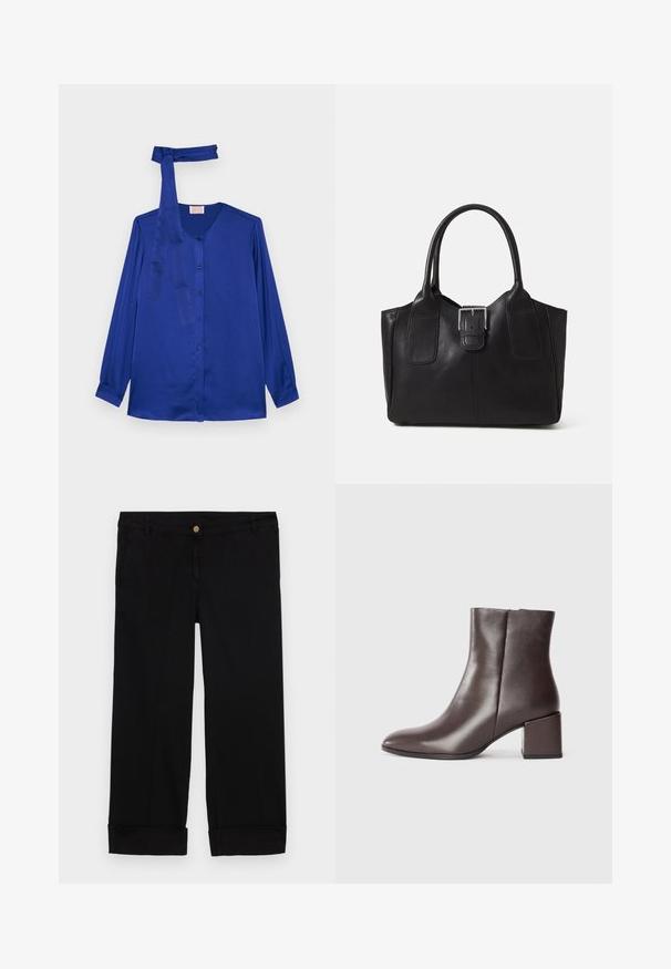 Langermet bluse i kongeblå sateng, med rund halslinning, frontlukking med knapper og en matchende knyting ved halsen.; Svart bomullsbroek med rett benklipp, med frontlommer, gullknapp-lukking, og oppbrettede ermer. Glatt tekstur.; Brune lær ankle boot med et elegant design, spiss tå og firkantet blokkheel. Glatt tekstur og minimalistisk silhuett.; Svart skinn toteveske med jevn tekstur, strukturert form, to håndtak og en fremtredende sølvspenne foran.