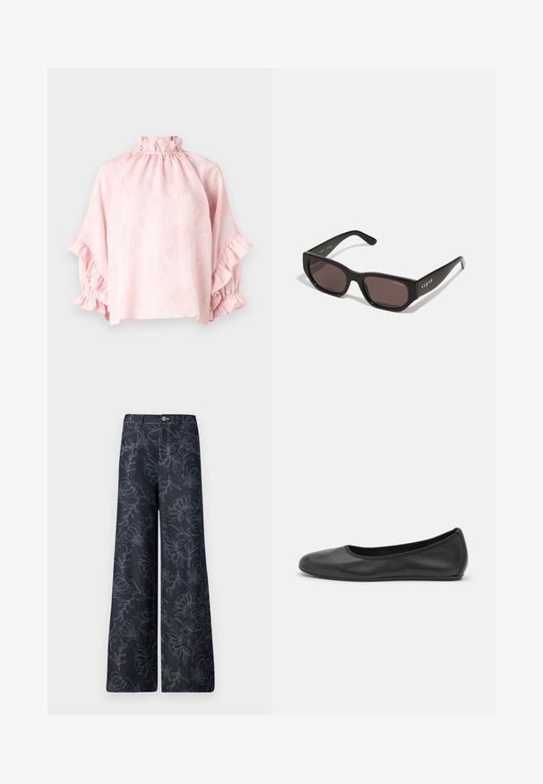Hofmann Copenhagen Camicetta - rose; Pantaloni larghi in denim scuro con un motivo floreale ricamato in azzurro. Design classico a cinque tasche con chiusura frontale a bottone.; Pantofole da balletto nere in pelle con punta arrotondata, texture liscia, dettagli di cucitura minimi e design con suola flessibile.; Occhiali da sole rettangolari neri con lenti scure. Presentano una montatura in plastica liscia e un dettaglio del logo sulla tempia. Design pulito e moderno.