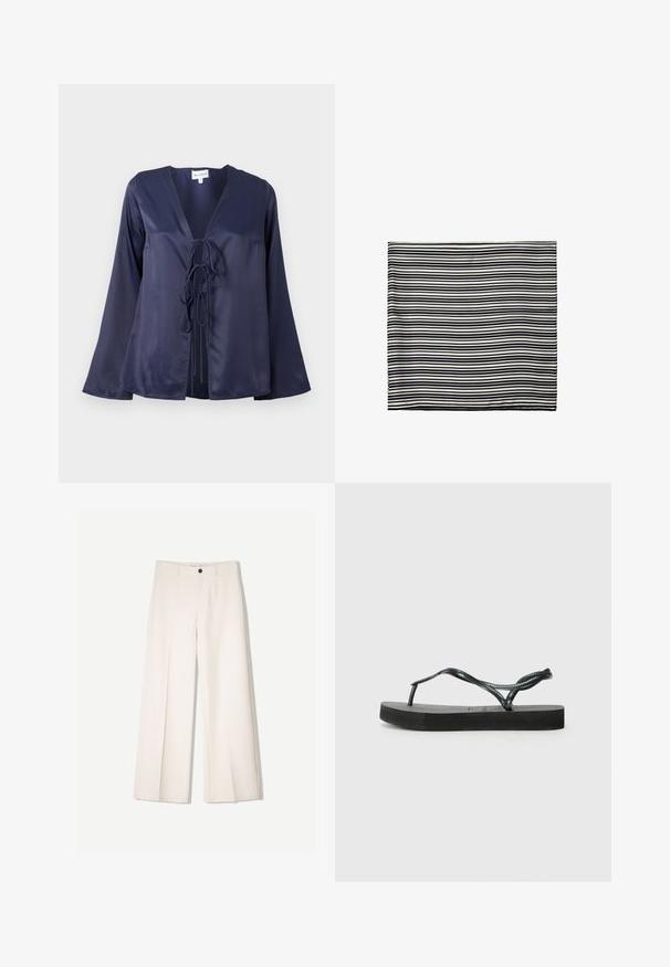 Navyblauwe satijnen blouse met een V-hals, lange uitlopende mouwen en een sluiting met een strik aan de voorkant. Gladde textuur met een eenvoudig, elegant ontwerp.; Crème brede broek met een tailored ontwerp, voorzien van twee voorzakken en een enkele sluiting met een knop aan de voorkant, gemaakt van een gladde stof.; Zwarte rubberen slippers met een gestructureerde band en een platte zool. De band heeft een gedraaide design voor extra visuele details.; Zwart-wit gestreepte sjaal, gemaakt van lichtgewicht stof. Rechthoekige vorm met gelijkmatige, afwisselende strepen van verschillende breedtes. Zachte textuur.; Geweven bruine handtas met een rechthoekige vorm, gestructureerd handvat en een textuurrijk oppervlak. Heeft een gesloten bovenkant en een ingewikkeld vlechtpatroon.