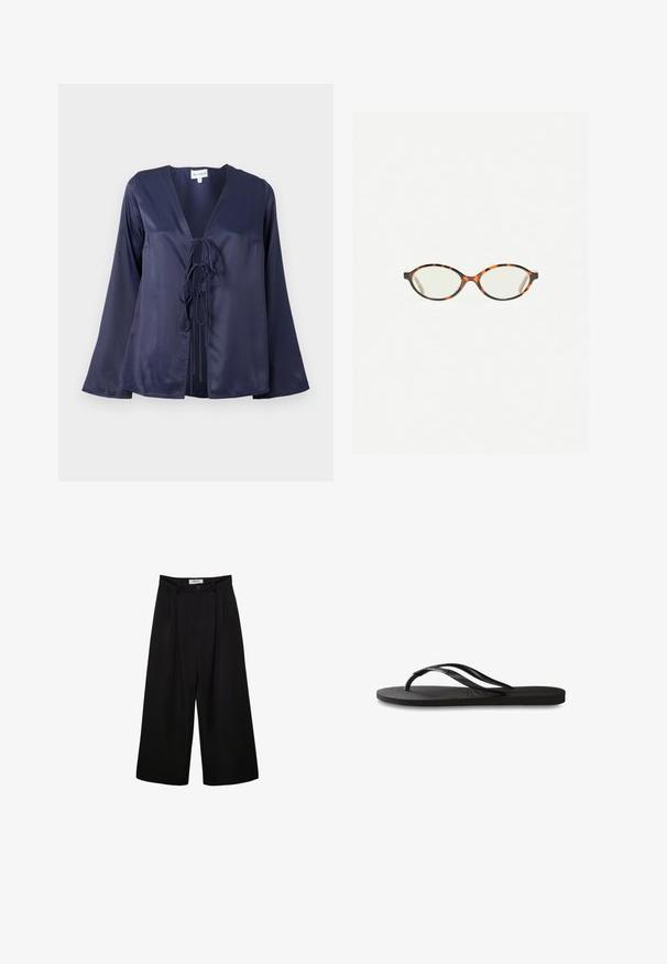 Marineblaue Satinbluse mit V-Ausschnitt, langen, ausgestellten Ärmeln und vornem Bindeband. Sanfte Textur mit einem schlichten, eleganten Design.; Schwarze weite Hosen mit hoher Taille, gefaltetem Vorderteil und Knopfverschluss. Aus glattem Stoff mit maßgeschneidertem Design.; Schwarze Flip-Flops mit einer strukturierten Gummisohle, zwei schlanken Riemen und einem dezenten, geprägten Logo-Detail auf dem Riemen.; Schildpatt-Eyegläser mit ovalen Gläsern und einer eleganten, glatten Oberfläche. Mit dünnen Seiten und einer subtilen Kurve an den Schläfen. Klare Gläser.