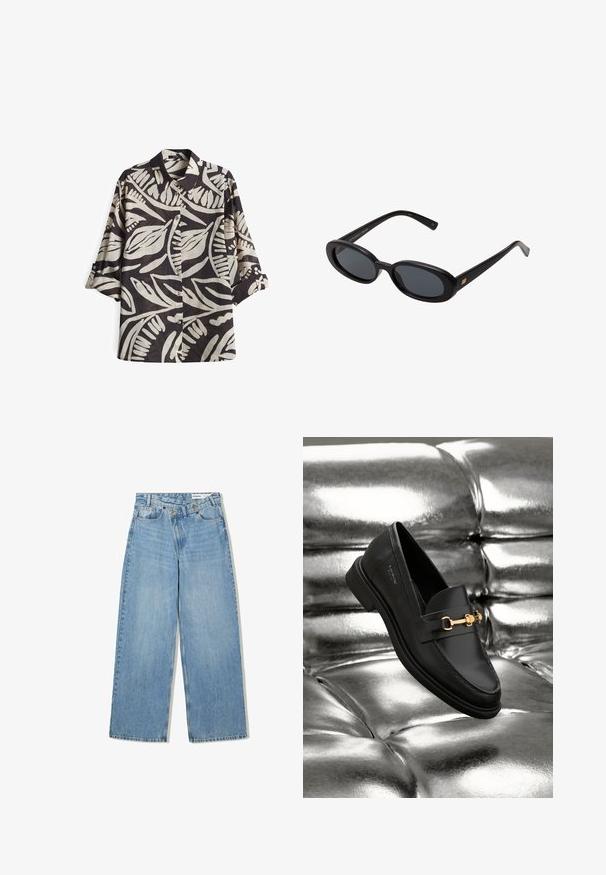 Short-sleeve shirt in black and cream with a bold leaf pattern. Made from lightweight fabric, it features a classic collar and buttons.; Light blue wide-leg jeans made of denim, featuring a high waist, five pockets, button closure, and subtle fading for texture.; Black leather loafer with a gold-tone hardware detail. The shoe features a sleek design and a smooth, shiny texture.; Black oversized sunglasses with oval lenses, smooth plastic frame, and gold accents on temple. Dark lenses provide sun protection.; Soft brown hobo-style handbag with a single wide strap and a curved top handle opening, displayed on a white background.