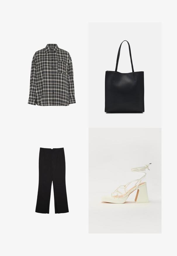 Zwart-witte geruite blouse met lange mouwen, knoopsluiting, kraag en borstzak, weergegeven tegen een witte achtergrond.; Zwarte broek met een rechte pasvorm, voorzien van zijzakken en plooien aan de onderzijde. Gemaakt van zachte, gladde stof. Geschikt voor verschillende gelegenheden.; Witte hoge hakken sandaal met een chunky hak, met een bandjesontwerp en enkelband. Gladde textuur met een plateau voor extra hoogte.; Zwarte leren handtas met een gladde textuur, rechthoekige vorm en twee lange handvaten. Geen zichtbare hardware of versieringen.