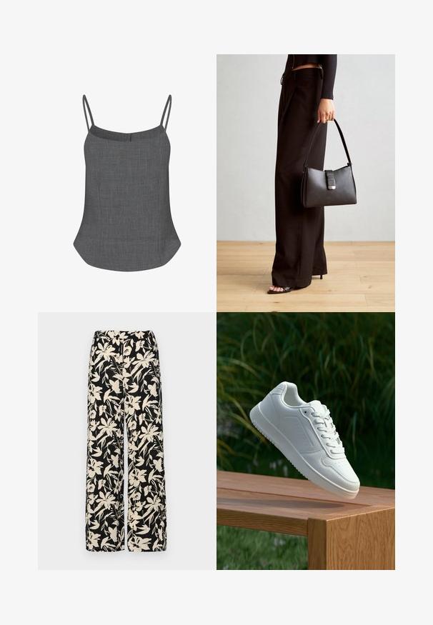 Grijze linnen camisole met dunne spaghettibandjes, een rechte halslijn en een uitlopende zoom, met een subtiele textuurafwerking.; Zwarte wijde broek met een crèmekleurig bloemenpatroon. Gemaakt van lichtgewicht stof, met een zachte textuur en een hoge tailleband.; Witte sneaker met een gladde synthetische bovenkant, geperforeerde neus, platte veters en een gestructureerde zool, tentoongesteld op een houten oppervlak.; Zwarte handtas met gestructureerde vorm, gladde textuur en een metalen sluiting. Gecombineerd met brede zwarte broeken en sandalen met open teen op een houten vloer.