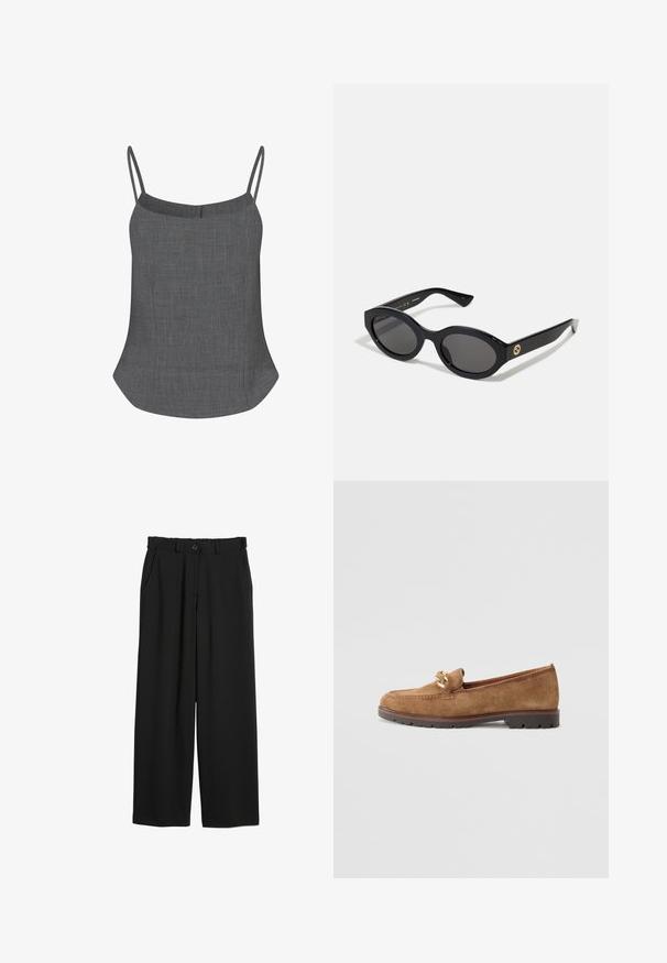 Szary lniany top na ramiączkach z cienkimi spaghetti, prostym dekoltem i rozkloszowanym dołem, z delikatnym teksturowanym wykończeniem.; Czarne szerokie spodnie wykonane z gładkiego materiału, z elastycznym pasem, kieszeniami z przodu i zapięciem na guzik w talii.; Tamaris - Półbuty wsuwane; Czarne okulary przeciwsłoneczne w owalnym kształcie z ciemnymi szkłami i błyszczącą plastikową oprawką. Posiadają złote logo na zausznniku, co nadaje im elegancki i nowoczesny wygląd.; Złote okrągłe kolczyki wkrętki o polerowanym wykończeniu i małym słupku. Charakteryzują się gładką teksturą i lustrzaną powierzchnią.