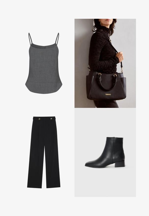Camisola de linho cinza com alças finas tipo spaghetti, decote reto e barra evasê, apresentando um acabamento texturizado discreto.; Calças largas pretas com cintura alta, detalhes em botão na cintura e pregas frontais.; Bota de tornozelo em couro preto com bico apontado e um salto bloco baixo, apresentando uma textura lisa e um design minimalista.; Bolsa preta com superfície texturizada, alças superiores duplas e alça de ombro ajustável. Apresenta ferragens em tom dourado e bolsos laterais.