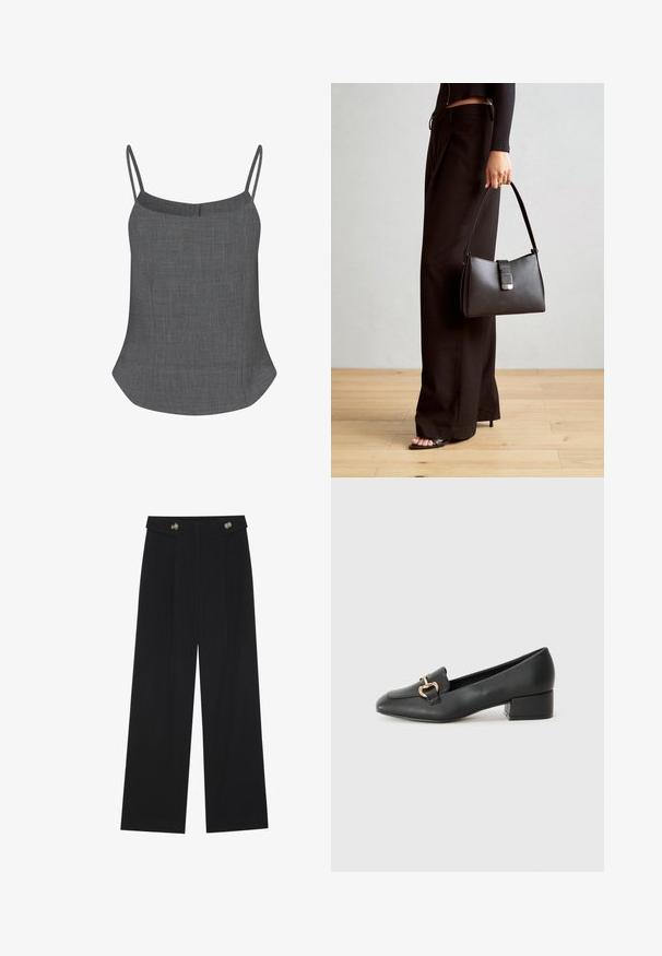 Camisole en lin gris avec de fines bretelles spaghetti, un décolleté droit et un ourlet évasé, présentant une finition texturée subtile.; Pantalons larges noirs à taille haute, avec des détails de boutons à la taille et des plis sur le devant.; Mocassins en cuir noir avec un talon plat, présentant un détail décoratif en métal doré à l'avant et une texture lisse.; Sac à main noir à la forme structurée, texture lisse et fermoir métallique. Associé à un pantalon noir ample et des sandales ouvertes sur un sol en bois.