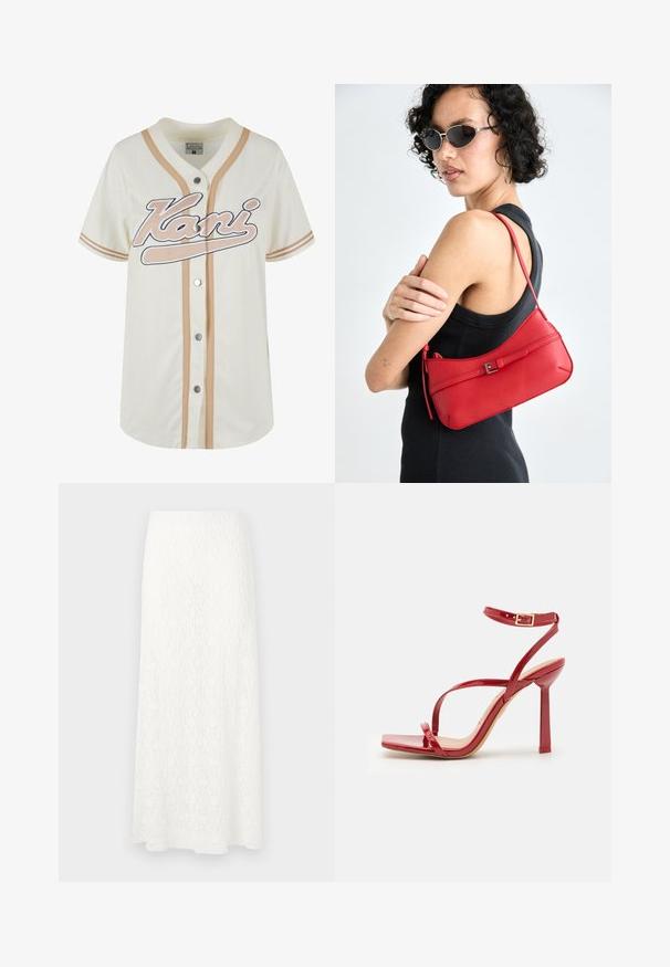 Grietos spalvos beisbolo marškiniai su smėlio spalvos juostelėmis, mygtukų uždarymas ir baltu siuvinėjimu "Kani". Pagaminti iš kvėpuojančios medžiagos, kad būtų patogu.; Balta nėriniuota maksi sijonas su tekstūriniu raštu, elastingu juosmeniu ir laisvai krintančia forma. Audinys atrodo lengvas ir orinis.; ALDO SCINTILLA - Aukštakulniai sandalai - red; Raudona odinė petinė rankinė su lygia tekstūra, išlenktu dizainu ir dekoratyvine sagtimi. Reguliuojama petneša ir užtrauktukas.