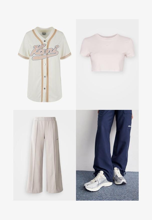Maglietta da baseball crema con strisce beige, chiusura con bottoni e "Kani" ricamato in bianco. Realizzata in tessuto traspirante per il massimo comfort.; T-shirt accorciato di colore rosa chiaro, realizzato in tessuto morbido. Presenta un collo tondo e maniche corte con un piccolo logo Nike bianco sul petto.; Pantaloni ampi grigio chiaro realizzati in tessuto liscio. Presentano una vita elastica e il logo Nike nero sul lato sinistro.; Scarpe da ginnastica Nike con una tomaia in rete argentata, dettagli bianchi e suole testurizzate, abbinate a pantaloni larghi blu navy.