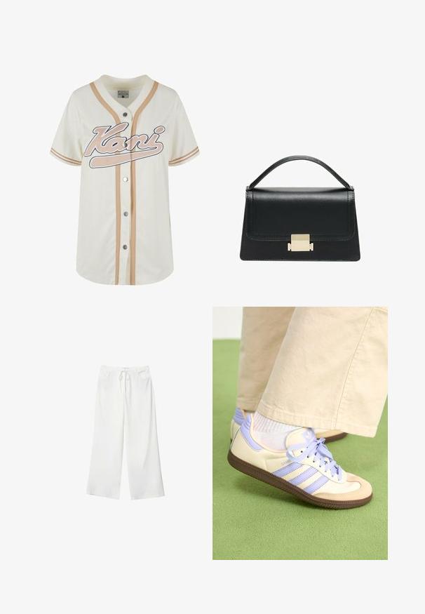 Maglietta da baseball crema con strisce beige, chiusura con bottoni e "Kani" ricamato in bianco. Realizzata in tessuto traspirante per il massimo comfort.; Pantaloni bianchi a gamba larga realizzati in tessuto morbido, con vita regolabile e due tasche frontali. Texture liscia e senza motivi visibili.; Sneakers crema e lavanda con tre strisce e suola marrone texturizzata, dotati di lacci e tallone imbottito. Parte superiore in tessuto morbido.; Borsa a tracolla in pelle nera con design strutturato, manico superiore e dettaglio in metallo dorato sulla parte frontale. Texture liscia, cuciture minime.