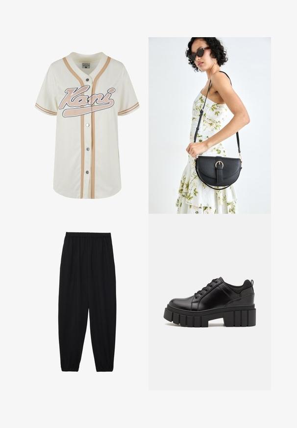 Krémový baseballový dres s béžovými pruhy, zapínání na knoflíky a vyšitým nápisem "Kani" v bílé barvě. Vyrobeno z prodyšného materiálu pro pohodlí.; Černé, lehké kalhoty s elastickým pasem a nařasenými kotníky. Tkanina je hladká a má uvolněný, zúžený design.; Černé kožené platformové boty s masivním blokovým podpatkem, kulatou špičkou a tradičním šněrováním. Mají hladký povrch a minimální detaily.; Černá kožená kabelka s křivkovým tvarem, odnímatelným popruhem a zlatými detaily. Kabelka má klopu s přezkou.