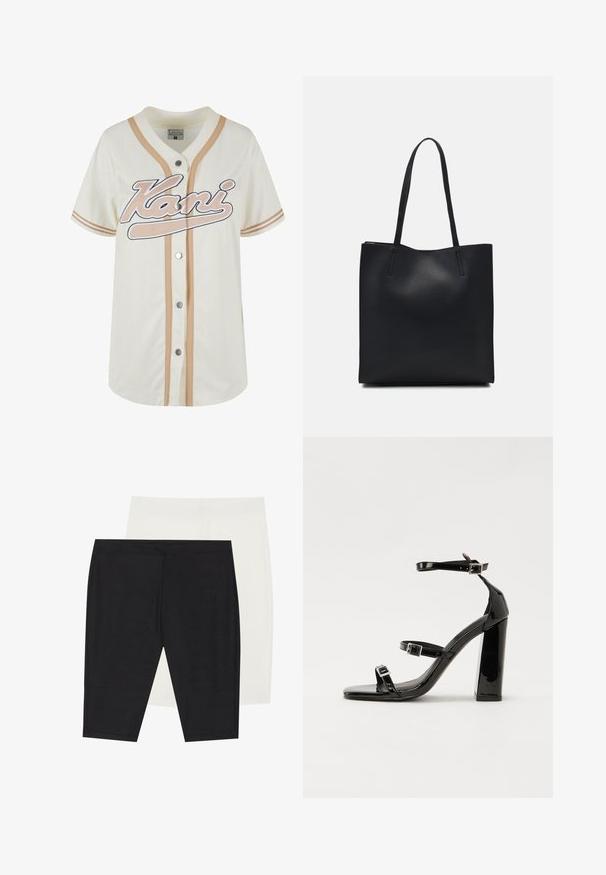 Krēmo krāsas beisbola krekls ar bēšām svītrām, pogu aizdare un baltā krāsā izšūta vārdu "Kani". Izgatavots no elpojoša auduma, kas nodrošina komfortu.; Divas pāri pieguļošu legingu: vieni ar ribotām melnām auduma, otrais ar gludu baltu. Abiem ir elastīgas jostas un bezšuvju dizains.; Melnas lakotas augstpapēžu čības ar kvadrāta purngalu, potīšu siksniņām un sudraba sprādzēm. Aprīkotas ar masīvu bloku papēdi stabilitātei.; Melnas ādas somiņa ar gludu tekstūru, taisnstūra formu un divām garām rokturiem. Nav redzamu aparatūras vai rotājumu.