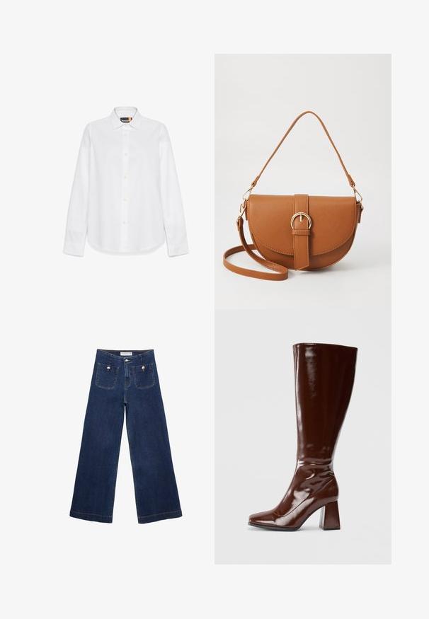 Vit långärmad skjorta i mjuk bomull med klassisk krage, knappslå framtill och subtil logodetalj på vänster bröst.; Mörkblå vida jeans i denim, med två frontfickor med dekorativa knappar och rak fåll.; Knä-höga bruna lackskinnstövlar med fyrkantig tå, glänsande yta och en kraftig klack för stabilitet. Sömlös design utan synlig hårdvara.; Brun läder crossbody-väska med en böjd form, gyllene detaljer och en spänneaccent. Har en avtagbar axelrem.