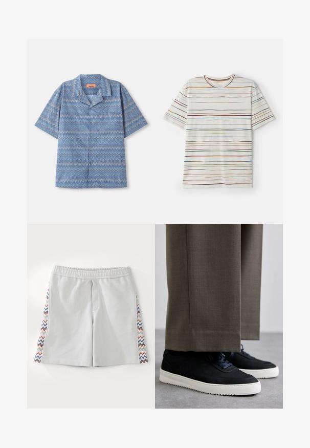 Cămașă cu mânecă scurtă, cu butoane, într-un model zigzag alb, albastru și mov, cu guler tip camp, întinsă pe un fundal alb.; Tricou cu mânecă scurtă, bază crem cu dungi orizontale multicolore. Material moale, guler rotund, croială dreaptă, design minimal.; Shorts atletici gri deschis, cu o talie elastică și un model zig-zag multicolor pe laterale. Textură netedă și design până la genunchi.; Tenisi din suede negru cu talpă din cauciuc alb, având vârf rotunjit și șireturi, purtați cu pantaloni gri ajustați.