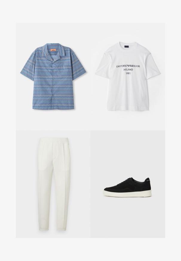 Camisa de botones de manga corta con un patrón de zigzag en azul, blanco y morado, dispuesta plana sobre un fondo blanco.; Camiseta de algodón blanca con mangas cortas, que presenta "EMPORIO ARMANI MILANO 1981" en letras gris oscuro y un logotipo. Diseño clásico de cuello redondo.; Pantalones blancos de corte ajustado con cintura elástica, que cuentan con dos bolsillos laterales y una textura suave y ligeramente brillante.; Zapatilla de ante negra con diseño de cordones y suela de goma blanca contrastante. Presenta paneles laterales texturizados y un sutil logo en el talón.