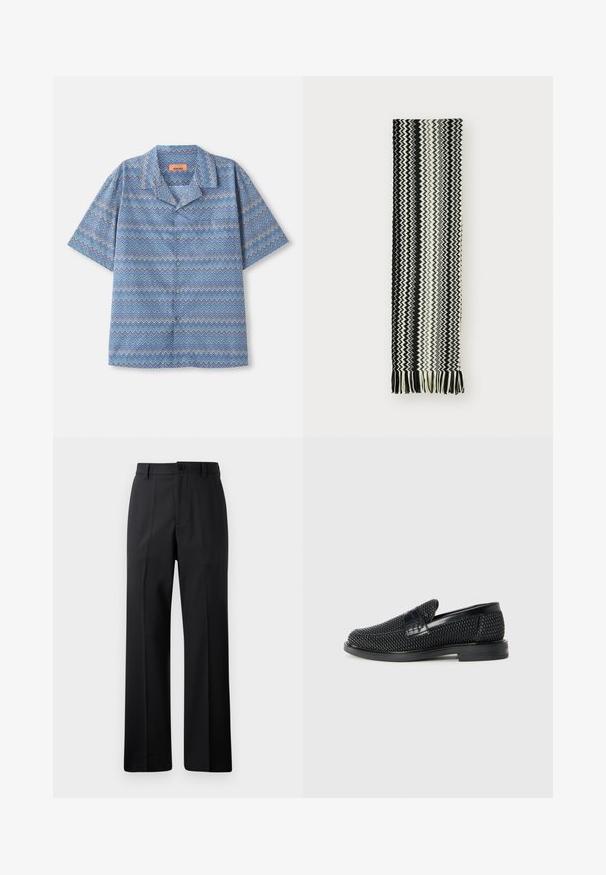 Košeľa na gombíky s krátkym rukávom, s modro-bielo-purpurovým cik-cak vzorom a golierom v štýle camp, položená na bielom pozadí.; Čierne nohavice s rovnými nohavicami a poutkami na opasok, s predným gombíkom a zipsovým uzáverom, vystavené na čistom bielom pozadí.; Čierne tkané slip-on topánky s hladkým koženým akcentom na vrchnej časti, s okrúlym dizajnom špičky a nízkoprofilovou gumovou podrážkou.; Čierno-biely pletený šál s cik-cak vzorom, s strapcami na koncoch. Tkanina je mäkká a ľahká.