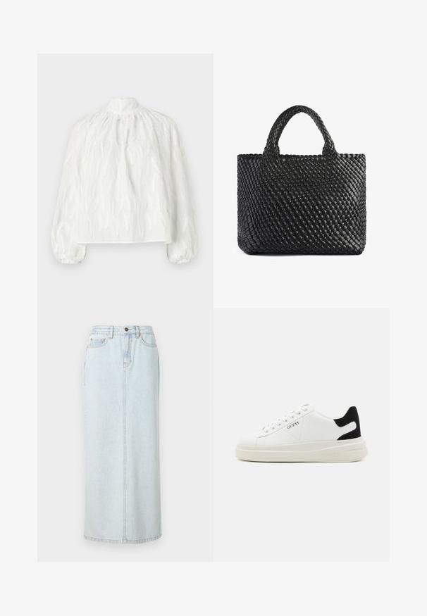 DRYKORN DUMONDA - Camicetta - offwhite; Gonna maxi in denim leggero azzurro con design dritto, chiusura frontale a bottoni e cuciture a vista. Presenta due tasche anteriori.; Sneaker bianchi in pelle con suola spessa bianca, accento in suede nero sul tallone e logo impresso sul lato. Design con lacci e sei fori per i lacci.; Borsa a tracolla nera intrecciata con due manici, caratterizzata da una superficie texturizzata e una forma rettangolare. Design semplice e unico senza hardware visibile.