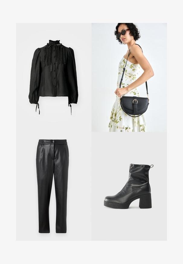 Blusa preta de mangas longas com riscas verticais, frente franzida, gola alta e laços de fita. Apresenta fechos de botão e punhos elásticos.; Calças de couro pretas com uma textura suave, corte reto, cintura elástica e fecho com botão na frente; detalhe plissado e pernas afuniladas.; Botas de tornozelo pretas feitas de couro liso, com fecho lateral, salto grosso texturizado e design de bico arredondado.; Bolsa de couro preta com forma curva, alça destacável e detalhes em dourado. A bolsa possui uma aba com detalhe de fivela.