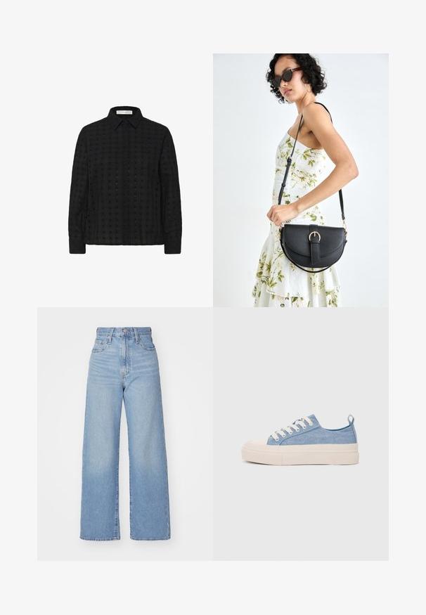 Fekete gombos ing, amely texturált anyagból készült rácsos mintával, gallérral és hosszú ujjakkal, az elején pedig azonos színű gombokkal.; Világoskék, magas derekú, bő szárú farmernadrág, elülső gombbal és cipzárral, elülső és hátsó zsebekkel, fehér háttérrel.; Világoskék vászon sportcipők, krémszínű gumitippel és talppal, fehér fűzőkkel és egy húzófüllel a sarkán.; Fekete bőrtáska ívelt formával, levehető pánttal és arany színű fémrészekkel. A táskán egy csattal díszített fedél található.