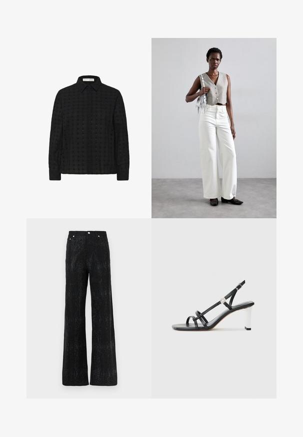 Black button-up shirt made from textured fabric with a grid pattern, featuring a collar and long sleeves, with matching buttons along the front.; Black wide-leg trousers with a textured surface, featuring a shimmering pattern. Finished with a standard waistband and metal button accents.; Black heeled sandals with multiple narrow straps, a slingback design, and a silver accent on the heel. Smooth upper material and square heel.; Gray cropped vest with buttons, paired with white wide-leg jeans and black flat shoes. Accessorized with a small silver fringe bag.