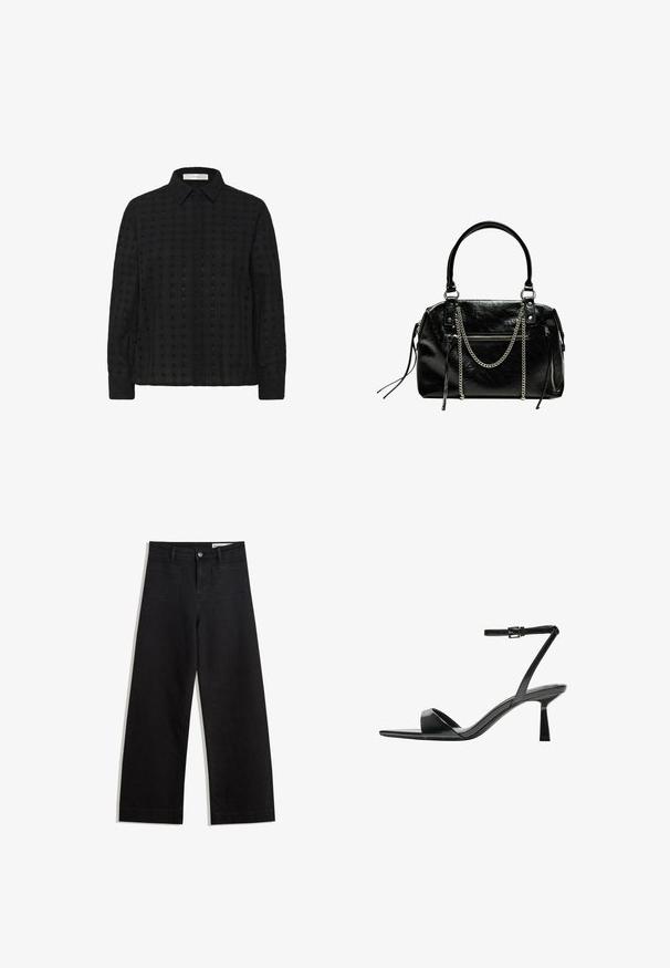 Fekete gombos ing, amely texturált anyagból készült rácsos mintával, gallérral és hosszú ujjakkal, az elején pedig azonos színű gombokkal.; Fekete, bő szabású farmernadrág magas derékkal, elülső és hátsó zsebekkel, varrott felületekkel és gombos záródással. Sima textúra.; Bershka Magas sarkú szandálok - black; Bershka WITH CHAIN - Kézitáska - black
