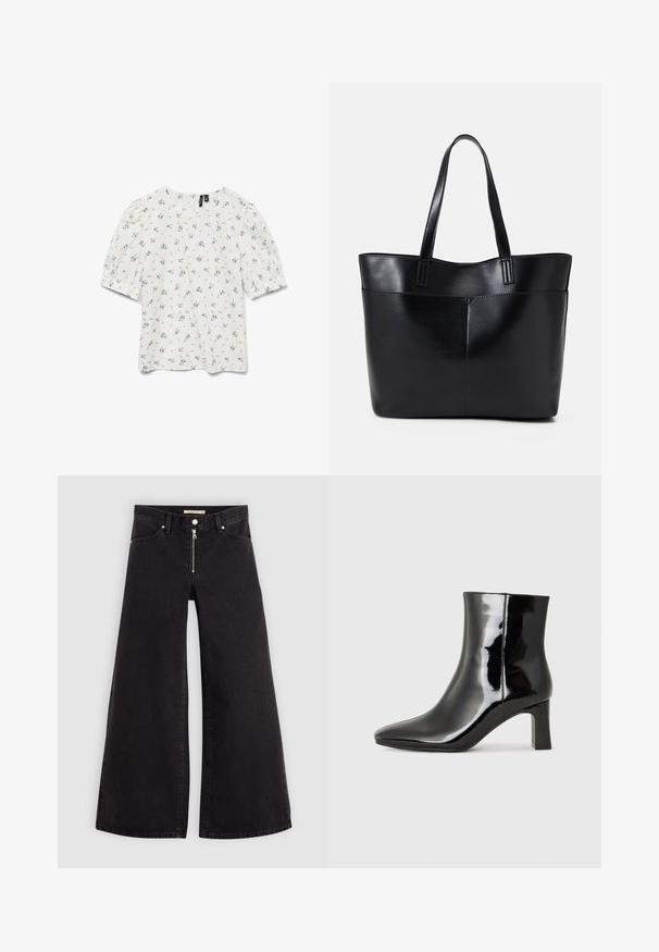 Hvid top med korte pufærmer, prydet med et blomster mønster i blå og grøn. Rund halsudskæring og letvægts, struktureret stof.; Vide ben jeans i sort denim med lynlås foran, fem lomme-design og subtile stikninger. Glat tekstur og afslappet stil.; Sort lakeret ankelstøvle med spids tå og en midt-højde blokhæl. Glat tekstur og minimalistisk design.; Sort læder tote taske med to lange håndtag, en glat tekstur og en struktureret form. Har en forlommem for ekstra opbevaring.