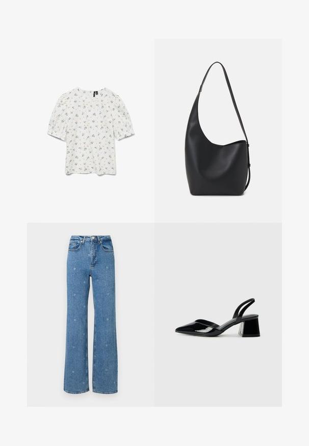 Hvit topp med korte pufferm, med et blomsterdesign i blått og grønt. Rund hals og lett, strukturert stoff.; Blå høy midje rette jeans med små hvite blomsterbroderier spredt over stoffet.; Svarte patentlær slingback hæler med spiss tå og geometrisk blokk hæl. Har et stilrent, minimalistisk design og jevn tekstur.; Svart lær hobo-veske med glatt tekstur, buet form og enkelt justerbart stropp; har en bred åpning på toppen.