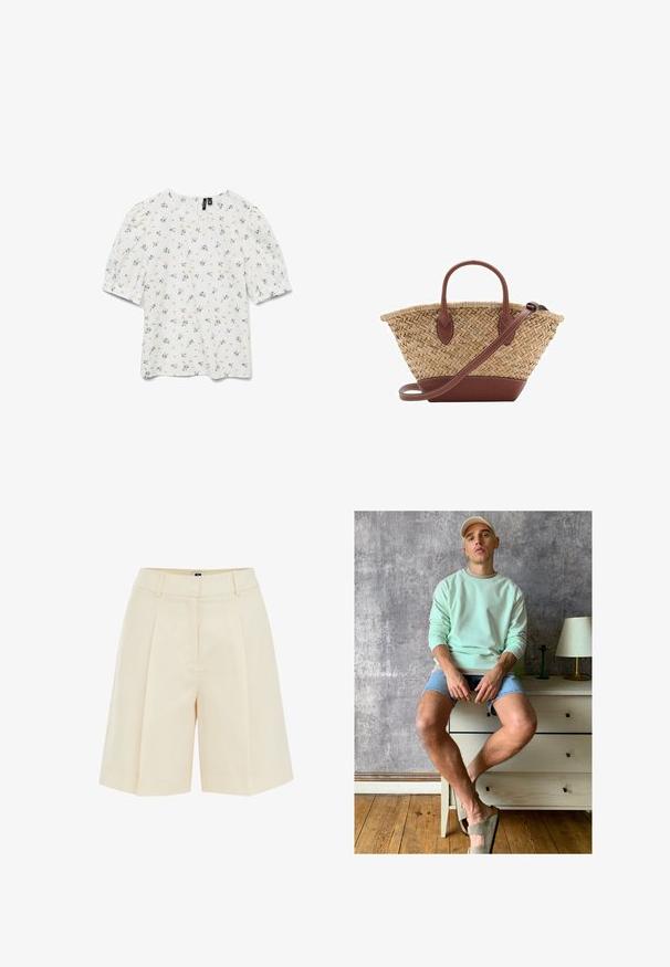 Hvid top med korte pufærmer, prydet med et blomster mønster i blå og grøn. Rund halsudskæring og letvægts, struktureret stof.; Beige plisserede shorts med skræddersyet design, der har en glat tekstur og sidelommer, skåret over knæet for en afslappet pasform.; Mintgrøn sweatshirt, denimshorts og olivengrønne slip-on sko. Sidder på et lyseget skab mod en struktureret grå væg.; Vævet stråkurv med brune læderdetaljer, to håndtag og en aftagelig rem. Buet form med en robust bund.