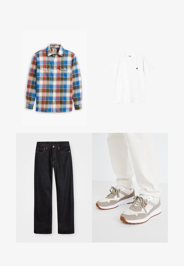 Mėlynos, raudonos, baltos ir alyvų žalios spalvų languota marškiniai su dviem krūtinės kišenėmis, sagų priekine sklende ir klasikinio tipo apykakle.; Balta medvilninė marškinėliai su trumpomis rankovėmis, apvaliu kaklu ir mažuoju juodu logotipu kairėje krūtinės pusėje. Minkšta tekstūra ir standartinė forma.; Vyrų tiesaus kirpimo juodi džinsai iš denim medžiagos, su penkiomis kišenėmis ir oranžinėmis siūlėmis, su mygtuko ir užtrauktuko uždarymu ant priekio.; Beigi ir pilki sportbačiai, pagaminti iš zomšos ir tinklinės medžiagos. Įrengtas baltas vidurinis padas ir guminis padas. Standartinis raištelių dizainas.