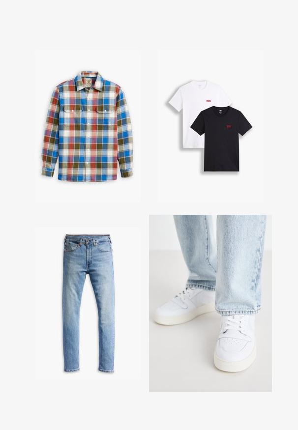 Mėlynos, raudonos, baltos ir alyvų žalios spalvų languota marškiniai su dviem krūtinės kišenėmis, sagų priekine sklende ir klasikinio tipo apykakle.; Du mieli trumpi rankoviai marškiniai: vieni balti, kiti juodi. Abu pagaminti iš medvilnės, su raudona Levi's logotipu ant krūtinės. Paprastas apvalaus kaklo dizainas.; Šviesiai mėlynos džinsinės kelnės su tiesiu kirpimu, penkiomis kišenėmis, mygtukų uždarymu ir subtiliu išblukimu per audinį.; Balti odiniai žemi modeliai kedai su perforuota nosimi, plokščiomis raištelėmis ir minimalistiniu dizainu. Suderinti su šviesiai mėlynomis džinsinėmis kelnėmis.