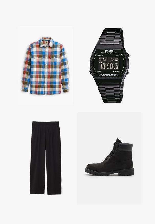 Camicia a quadri nei colori blu, rosso, bianco e verde oliva, con due tasche sul petto, chiusura a bottoni e un classico design del colletto.; Pantaloni neri a gamba larga con frontale plissettato, tasche laterali e una texture di tessuto liscia. Progettati per un fit comodo.; Stivale alla caviglia nero con lacci, colletto imbottito e suola robusta, mostrato in profilo su uno sfondo bianco.; Orologio digitale da polso con cinturino in acciaio inossidabile nero, quadrante quadrato nero, numeri bianchi, resistente all'acqua fino a 5 bar e una funzione di illuminazione.