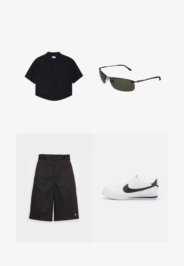 Czarna koszula z krótkim rękawem zapinana na guziki, z kołnierzykiem i przednią kieszenią, charakteryzująca się lekko zaokrąglonym dołem oraz luźnym krojem.; Czarne bawełniane szorty o prostym kroju, do kolan, z widocznym logo marki na dole oraz gładką fakturą.; Białe skórzane sneakersy z czarnym logo Nike, płaskimi sznurówkami i teksturowaną gumową podeszwą. Zaokrąglony nosek i wyściełany kołnierz dla komfortu.; Okulary przeciwsłoneczne z ciemnozielonymi soczewkami, elegancką metalową ramką, zakrzywionym kształtem i regulowanymi noskami. Posiadają cienkie, czarne zauszniki.