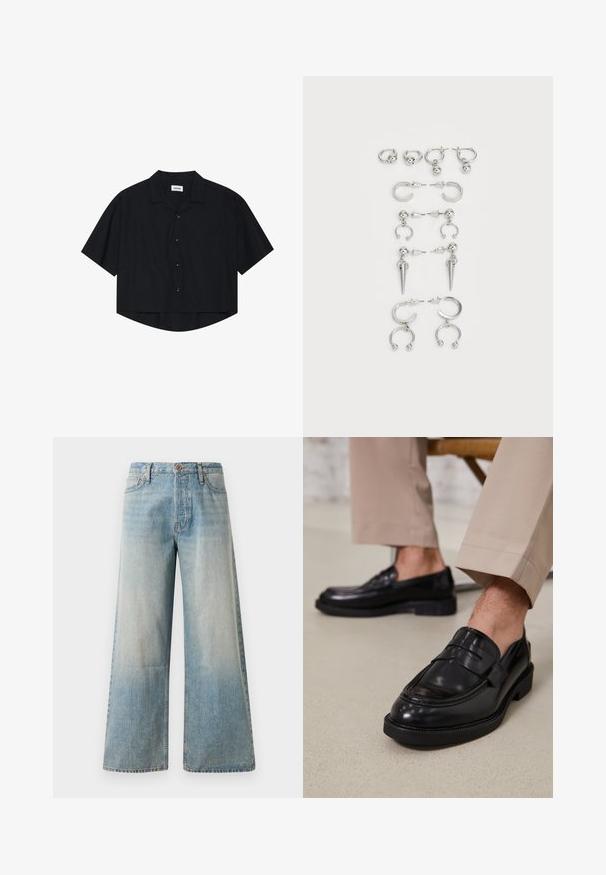 Zwarte kortärmelige overhemd met knopen en een kraag, met een voorke pocket, licht gebogen zoom en een relaxte pasvorm.; Lichtblauwe wijde denim jeans. Kenmerken zijn een hoge taille, knoopsluiting en subtiele vervaging met een soepele textuur en gestikte naden.; Zwarte leren loafers met een gladde afwerking, voorzien van een decoratieve band en contrasterende stiksels, gecombineerd met beige broeken.; Set van zilveren oorbellen met verschillende ontwerpen: hoops, studs en hangende stijlen, met balletjes en puntige elementen.