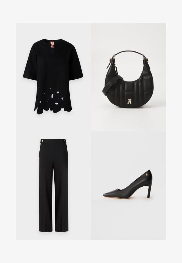 Schwarzes Oberteil mit V-Ausschnitt und kurzen Ärmeln. Verfügt über ein einzigartiges, ausgeschnittenes Blumenmuster am Saum und besteht aus strukturiertem Stoff.; Schwarze weite Hosen mit glatter Textur, flachem Bund und goldenen Knopfdetails an der Taille. Taillierte Passform mit einem klaren Design.; Schwarzer Leder-Pumps mit spitzem Zehenbereich und mittelhohem Stiletto-Absatz sowie kleinem goldenen Emblem in der Nähe des Absatzes vor weißem Hintergrund.; Schwarze Lederhandtasche mit geschwungener Form, gequilteter Textur und goldenen Beschlägen. Sie verfügt über einen abnehmbaren Schultergurt und ein Logodetail.