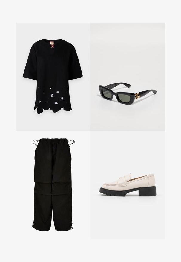 Melnas virsmas ar V veida kaklu un īsām piedurknēm. Piedāvā unikālu izgrieztu ziedu rakstu gar apakšmalu, izgatavota no teksturēta auduma.; Melnas bikses no viegla auduma, ar regulējamu jostasvietu un auklu apakšmalās. Izstrādātas ar brīvu, pārmēru piegriezumu un vairākām kabatām.; Gai krēmkrāsas ādas loaferi ar šuvēm priekšpusē un teksturētu melnu platformas papēdi. Ir izliekts dizains un neliels pacēlums.; Melni taisnstūra saulesbrilles ar tumši zaļiem stikliem, kurām sānos ir spīdīgs zelta logo. Gluda plastmasas rāmja dizains ar izteiksmīgām līnijām.