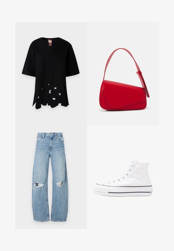 Black top with a V-neck and short sleeves. Features a unique cut-out floral pattern along the hem, made from textured fabric.; Light blue, high-waisted jeans made of denim. Feature wide legs, two torn knee areas, and classic five-pocket styling.; White high-top canvas sneaker with black rubber sole, front rubber toe cap, and six eyelets for laces, featuring a clean, minimalist design.; Red leather handbag with an angular, geometric design. Features a single adjustable strap and a flap closure with stitched detailing.