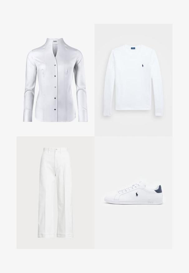 Witte lange mouwen blouse met een hoge kraag, getailleerd ontwerp, gladde textuur en zes zwarte knopen aan de voorkant.; Witte langemouwen shirt, van katoen, met een ronde halslijn, voorzien van een klein marineblauw logo op de linkerkant van de borst. Eenvoudig ontwerp, normale pasvorm.; Witte wijde broek met een hoge taille, voorzien van een knoopsluiting en subtiele stiksels. Gemaakt van katoen met een gladde textuur.; Witte leren sneakers met een gladde afwerking, marineblauwe accenten en een klein logo aan de zijkant. Voorzien van platte veters en een getextureerde rubberen zool.