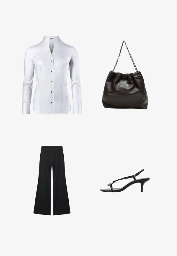 Weißes Langarmhemd mit hohem Kragen, figurbetontem Design, glatter Textur und sechs schwarzen Knöpfen auf der Vorderseite.; Schwarze weit geschnittene Hose mit glatter Textur, ausgestattet mit Frontfalten und einem taillierten Design. Der Stoff ist leicht und fließend.; Schwarze Leder-Kitten-Heel-Sandale mit dünnen Riemen, goldener Schnalle und minimalistischer Zehen-Schlaufe vor einem weißen Hintergrund.; Braune Lederhandtasche mit gerafftem Oberteil und Kettenriemen. Glatte Textur mit glänzendem Finish und subtilen Nahtdetails an den Seiten.
