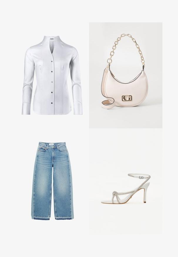 Chemise blanche à manches longues avec un col haut, design ajusté, texture lisse et six boutons noirs sur le devant.; Jeans larges bleu clair en denim, dotés d'une taille haute, d'une fermeture à bouton, de poches avant et d'un ourlet brut.; Sandale blanche à talons hauts avec une sangle texturée ornée de strass, design ouvert à l'avant, et sangle de cheville avec boucle ajustable.; Sac à main en cuir texturé rose avec une bandoulière en chaîne dorée, de forme arrondie et un accent logo doré à l'avant. Il comprend une bandoulière supplémentaire.