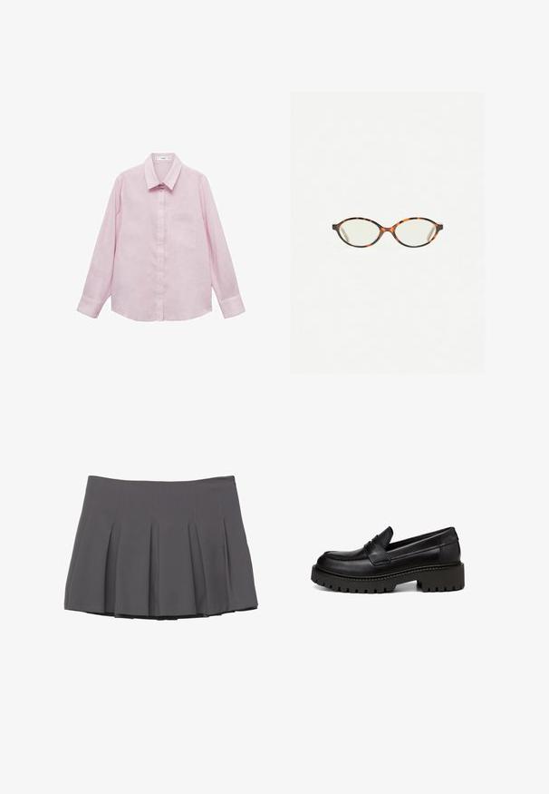 Mango LINO - Button-down blouse - purple; Gray pleated skirt with a smooth texture, featuring stitched detailing and a fitted waistband, finishing at mid-thigh length.; Marc O'Polo LOAFER MIT ROBUSTER PROFIL - Slip-ons - black; Tortoiseshell eyeglasses with oval lenses and a sleek, smooth finish. Features thin sides with a subtle curve at the temples. Clear lenses.