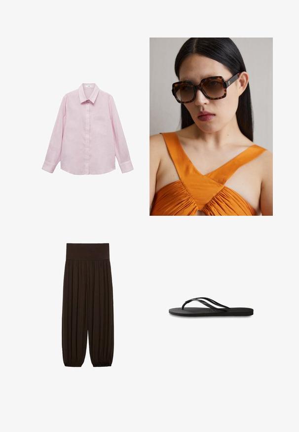 Mango LINO - Camicia - purple; Pantaloni marroni a pieghe con una ampia cintura elastica. Il tessuto è leggero e texture, con orli arricciati ai polsini.; Infradito neri con suola in gomma testurizzata, due cinghie sottili e un sottile dettaglio del logo impresso sulla cinghia.; Occhiali da sole oversize in tartaruga marrone con una ampia montatura rettangolare e lenti sfumate. Dettaglio del logo in oro sul lato.; Mango Shopping bag - dark brown