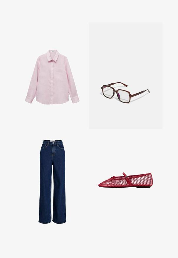 Mango LINO - Camicia - purple; Jeans in denim scuro a vita alta, con gamba ampia, bottone frontale e design a cinque tasche.; Ballerine in rete rossa con punta affusolata, dotate di una sottile cinghia e dettaglio a fibbia. La parte superiore presenta un motivo aperto a nido d'ape.; Occhiali rettangolari marroni con lenti trasparenti e tonalità viola. Montatura in plastica liscia con stanghette dritte e accenti sottili.