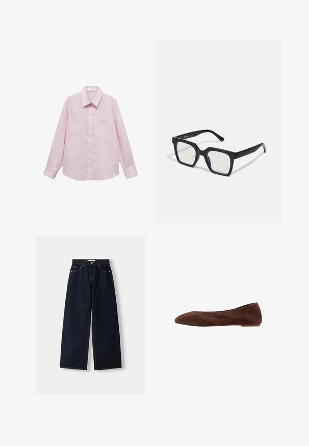 Mango LINO - Paitapusero - purple; Tummansiniset farkut, joissa on leveät lahkeet ja korkea vyötärö, viisi taskua, kontrastiväriset saumat ja hopeiset metalliosat. Sileä pinta ja siisti viimeistely.; Ruskeat mokkanahka ballet-kengät, joissa on terävä kärki, tasapohja ja sileä pinta. Tyylikäs muotoilu ilman näkyvää metalliosaa tai koristeita.; Mustat aurinkolasit mattapinnalla, joissa on läpinäkyvät linssit ja kevyesti sinertävä sävy yhdellä puolella. Vankka, kulmikas muotoilu.; Ruskea ja kerma cowhide-olkalaukku, jossa on sileä nahkahihna, vetoketju ja pehmeä, teksturoitu pinta, jossa on luonnollinen kuvio.