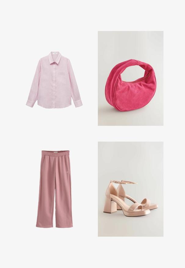 Mango LINO - Hemdbluse - purple; Helle rosa Jogginghose mit elastischem Bund, zwei Seitentaschen und lockerem Schnitt, versehen mit Nähdetails und dezentem Logo.; Rosa lacklederne High-Heelsandaletten mit Blockabsatz, offener Zehenpartie und verstellbarem Knöchelriemen, die ein glattes, glänzendes Finish aufweisen.; Next MINI HELD - Handtasche - pink
