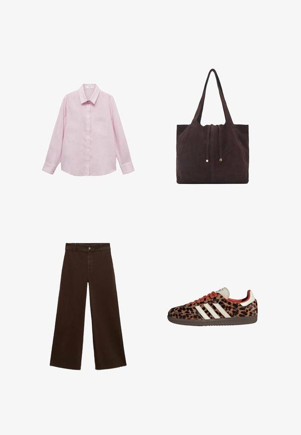 Mango LINO - Camicia - purple; Pantaloni larghi marroni in misto cotone, caratterizzati da orlo sfrangiato, chiusura frontale con bottone e classico design a cinque tasche. Minimalisti e versatili.; Sneaker con stampa leopardata in materiale scamosciato, lacci rossi e tre strisce bianche sui lati. Presentano una linguetta di colore crema e una suola marrone.; Mango Shopping bag - dark brown
