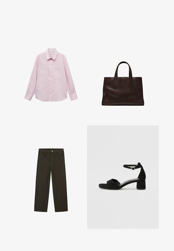 Mango LINO - Button-down blouse - purple; Dark green wide-leg jeans made of cotton blend, featuring a front button closure, five pockets, and classic denim stitching.; Black suede heeled sandals with a thin ankle strap, open toe design, and a modest block heel. Smooth texture and minimal accents.; Brown leather tote bag with two elongated handles, structured rectangular shape, smooth texture, and subtle stitching details.