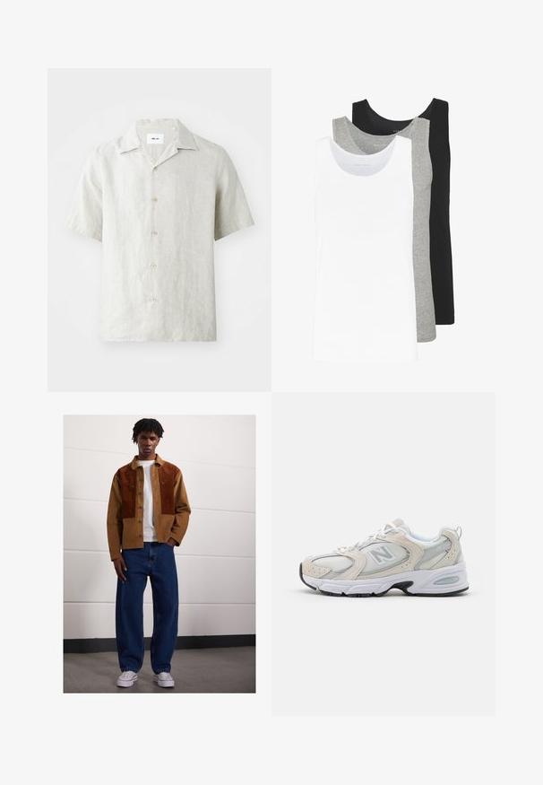 Short-sleeve, light beige linen shirt with a collared neck, five buttons down the front, and a slightly relaxed fit.; Three tank tops in white, gray, and black. Each features a classic sleeveless design, made from lightweight cotton fabric with a ribbed texture.; Man standing indoors wearing a brown corduroy jacket with rust patches, white t-shirt, loose blue jeans, and white sneakers.; Athletic shoe featuring a light gray mesh upper with suede accents, white laces, and a black rubber sole. Notable ABZORB cushioning detail.