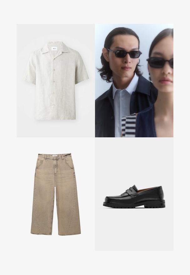 Camicia in lino leggero beige chiaro a maniche corte con colletto, cinque bottoni sul davanti e una vestibilità leggermente rilassata.; Canottiera bianca in cotone senza maniche con scollatura rotonda, caratterizzata da una texture liscia e una vestibilità aderente, progettata per l'abbigliamento casual.; PULL&BEAR MEGA BAGGY - Jeans baggy - light grey; I mocassini in pelle nera presentano una cucitura sollevata, due fasce decorative sulla parte superiore e una suola spessa e texture per una maggiore aderenza.; Occhiali da sole neri con montatura angolare indossati da un uomo e una donna. L'uomo ha una camicia a righe blu e bianche sotto una giacca scura; la donna indossa un top scuro e a fantasia.